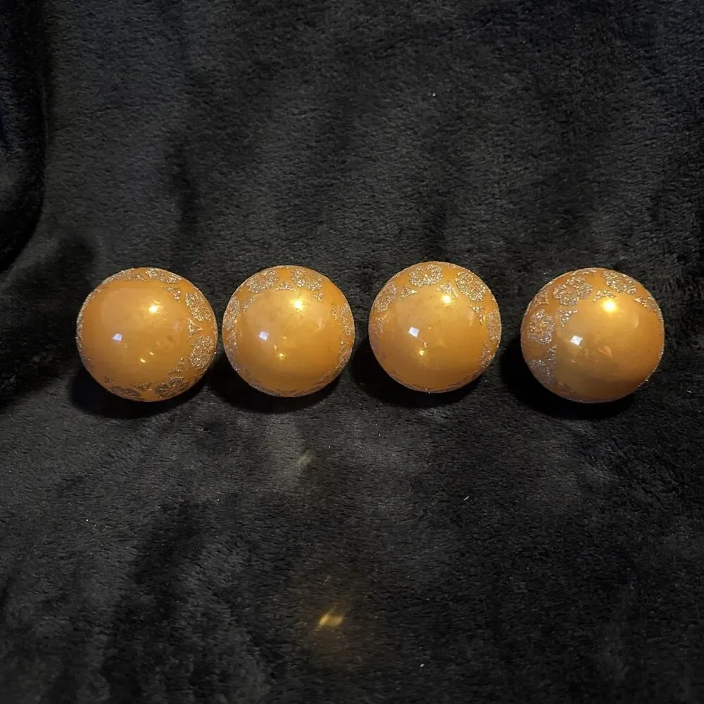 4 Vintage 50s Shiny Brite Gold Glitter Designs Christmas Ornaments